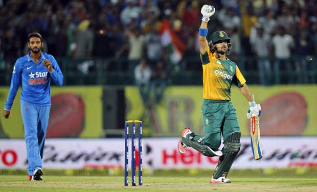 South Africa's Jean-Paul Duminy raises his hand as he completes the winning run during the first Twenty20 match against India in Dharmsala. (Photo: AP) South Africa's Jean-Paul Duminy raises his hand as he completes the winning run during the first Twenty20 match against India in Dharmsala. (Photo: AP)